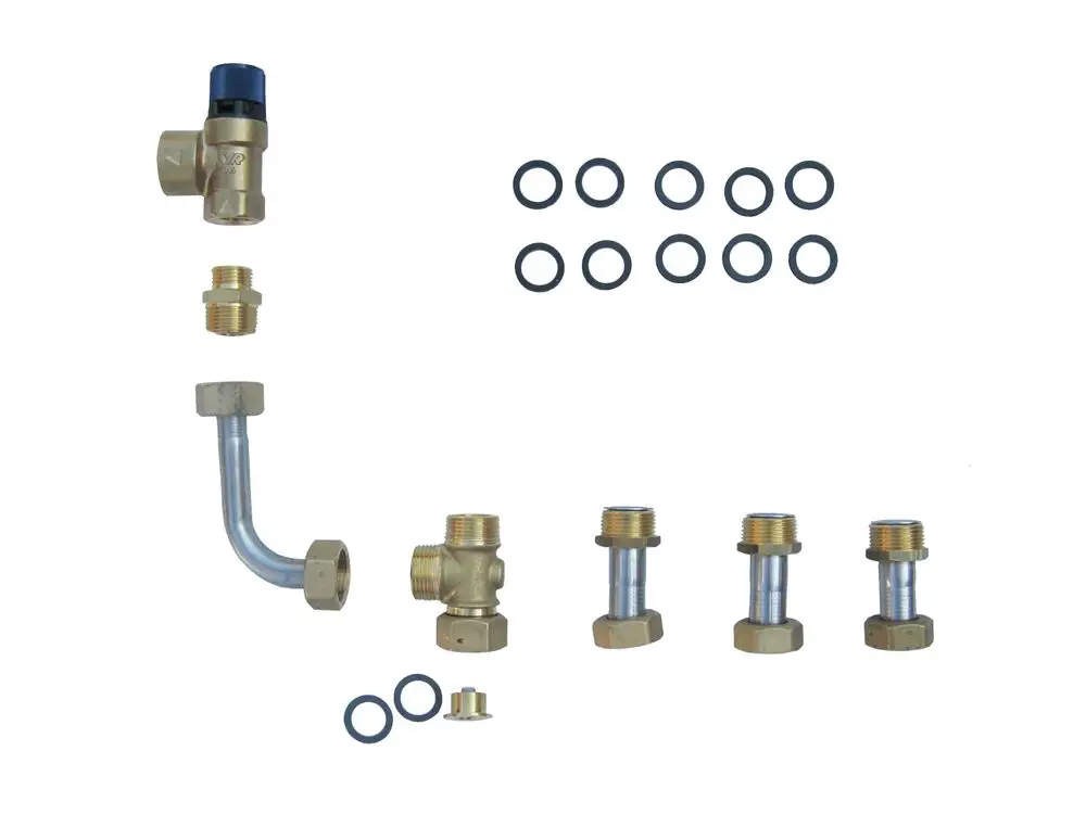 Sicherheitsventilset mit verschiedenen Verbindungsteilen und O-Ringen, hergestellt von Danfoss. Alle Komponenten sind übersichtlich angeordnet.